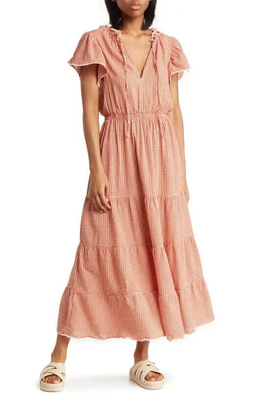 Max Studio Tiered Long Maxi Dress Womens Large Brick Gingham Flutter Sleeve B98